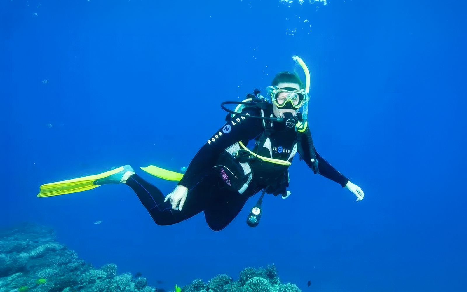 Scuba diver exploring coral reef during beginner lesson in Maui.