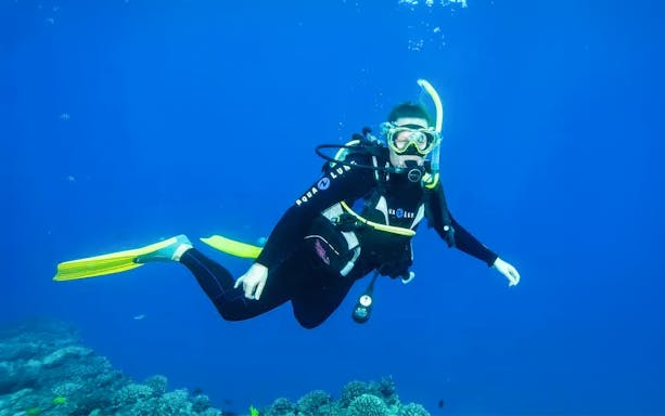 Scuba diver exploring coral reef during beginner lesson in Maui.