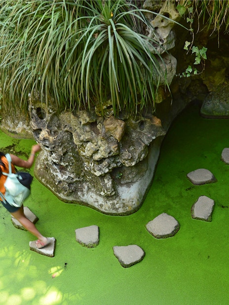 Girl walking on stepping stones over a green pond in a lush garden.