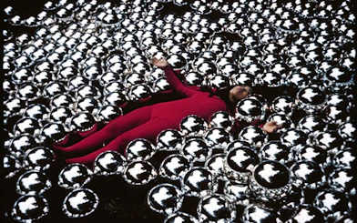 Yayoi Kusama installation with reflective spheres at Stedelijk Museum Amsterdam.