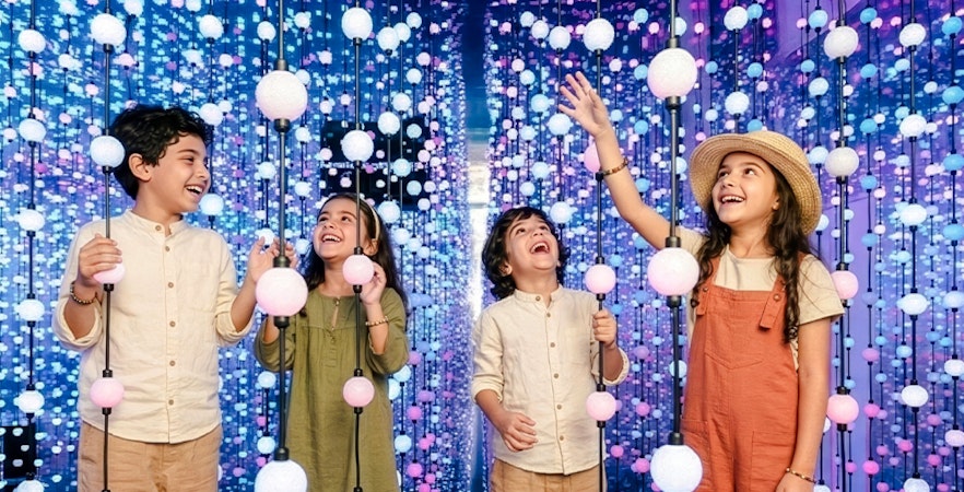 Children enjoying interactive light display at Dopamine Land, Dubai.
