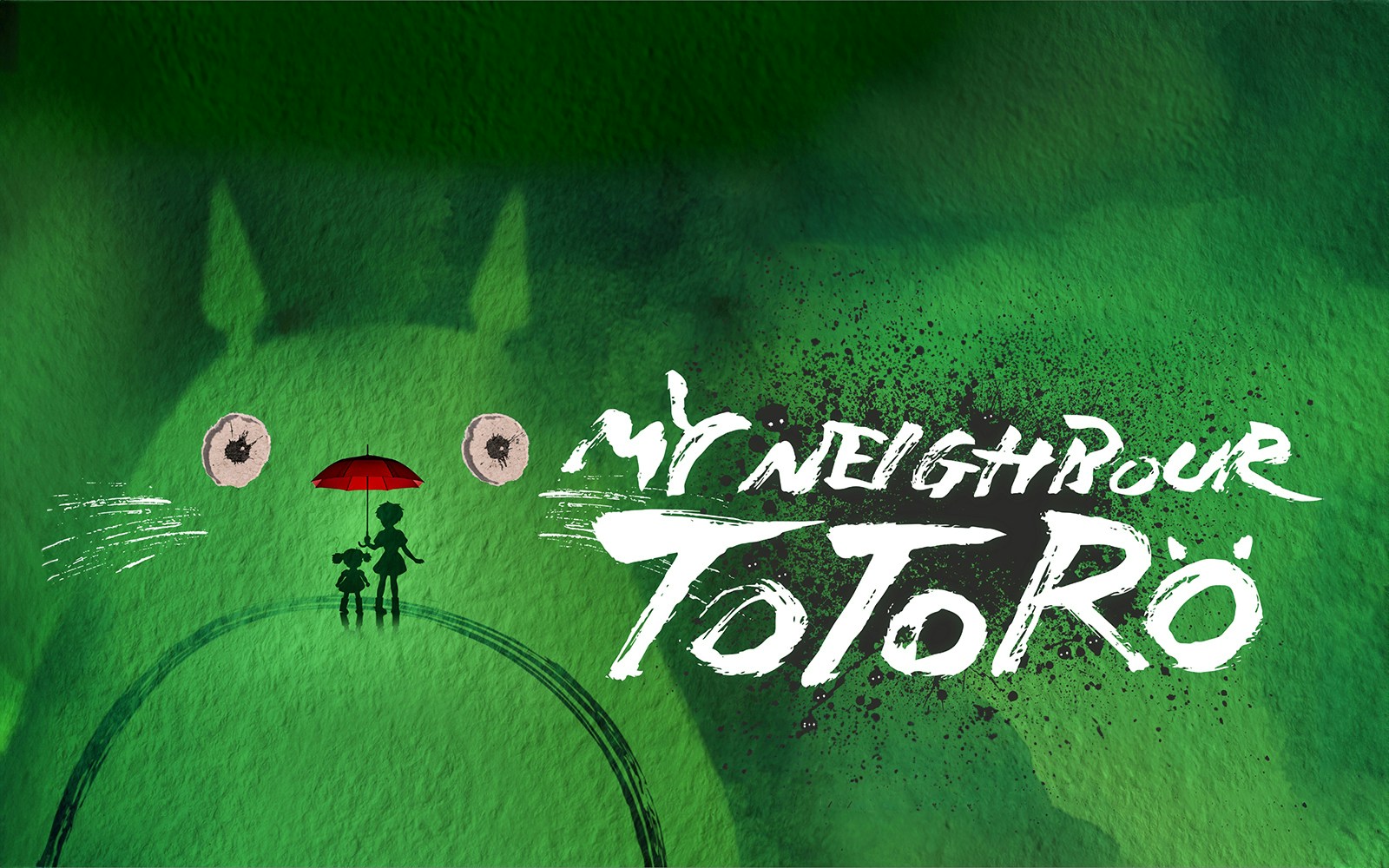 Silhouettes of two characters with a red umbrella in front of Totoro, text "My Neighbour Totoro.