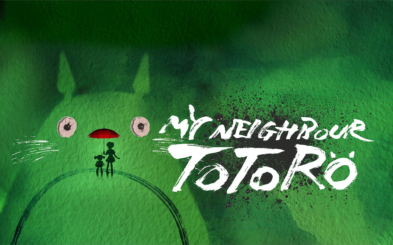 Silhouettes of two characters with a red umbrella in front of Totoro, text "My Neighbour Totoro.