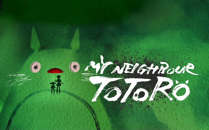 Silhouettes of two characters with a red umbrella in front of Totoro, text "My Neighbour Totoro.