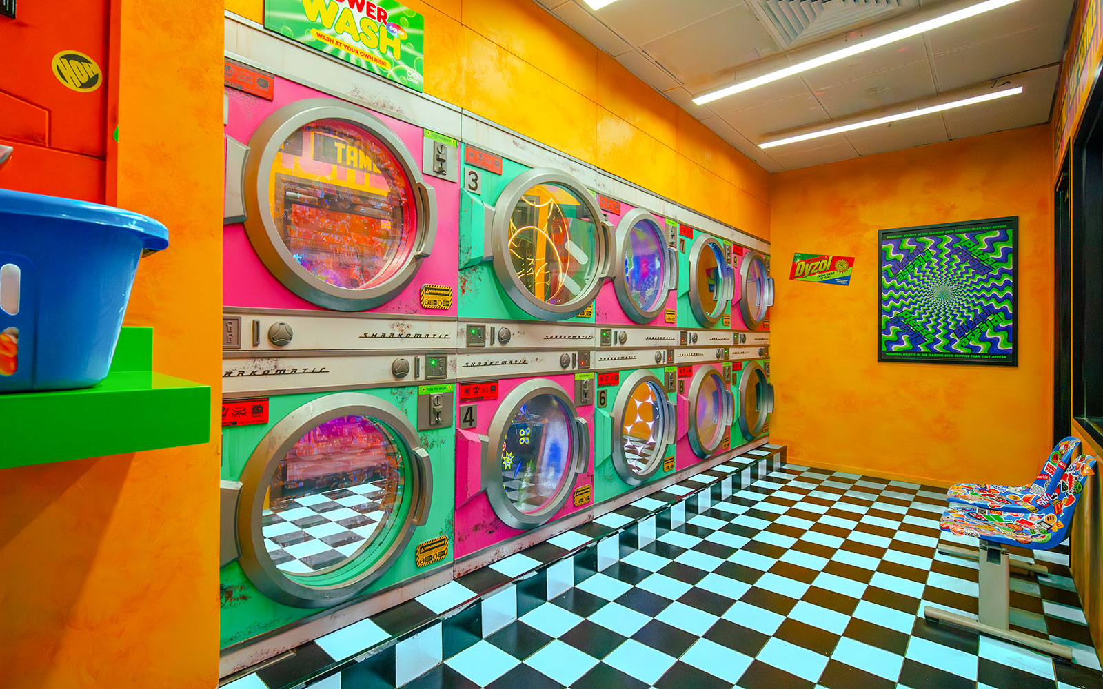 Colorful retro laundromat installation at House of Hype, Dubai.