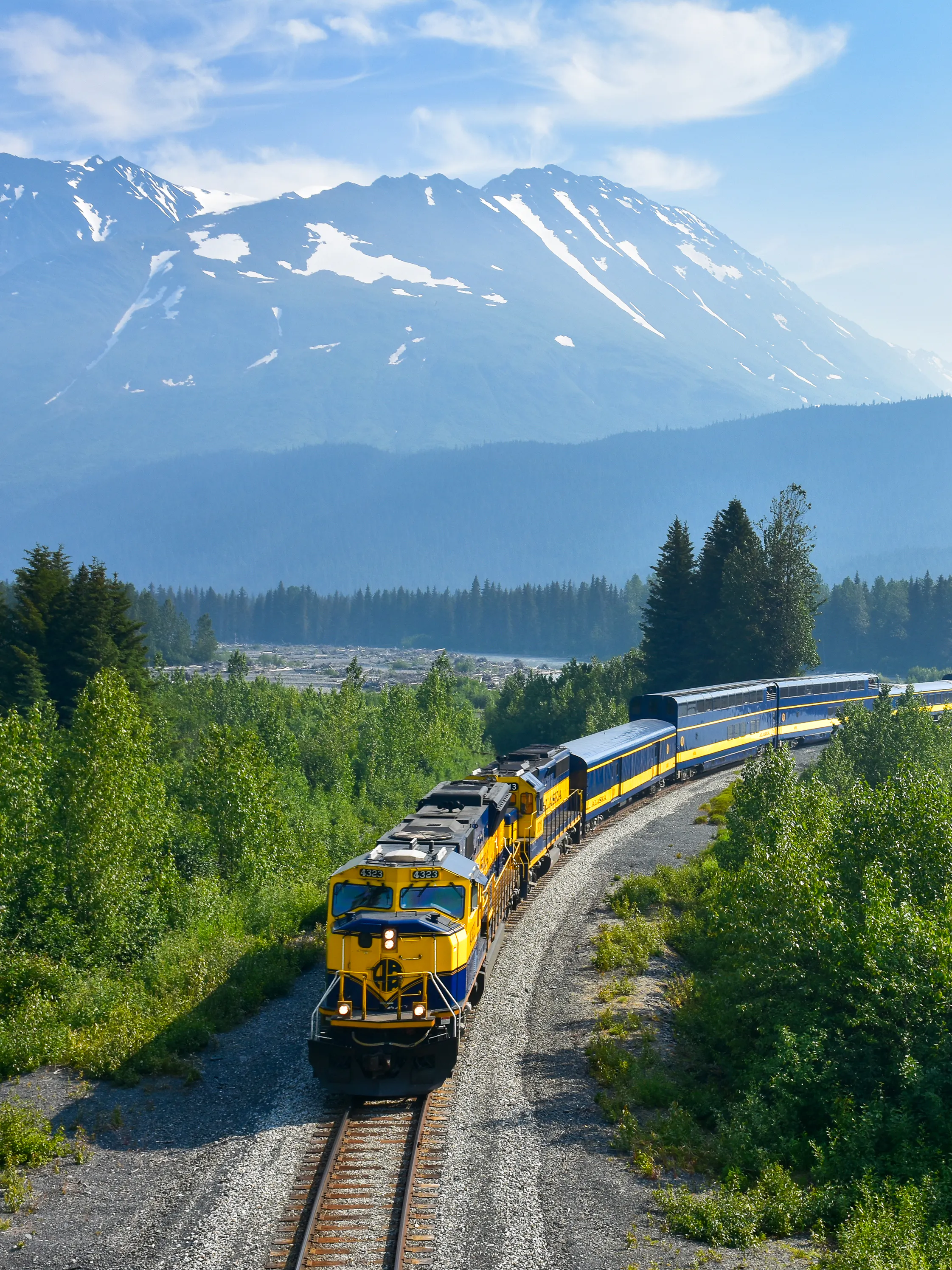 Alaska Railroad train traveling through lush forest with snow-capped mountains in the background.