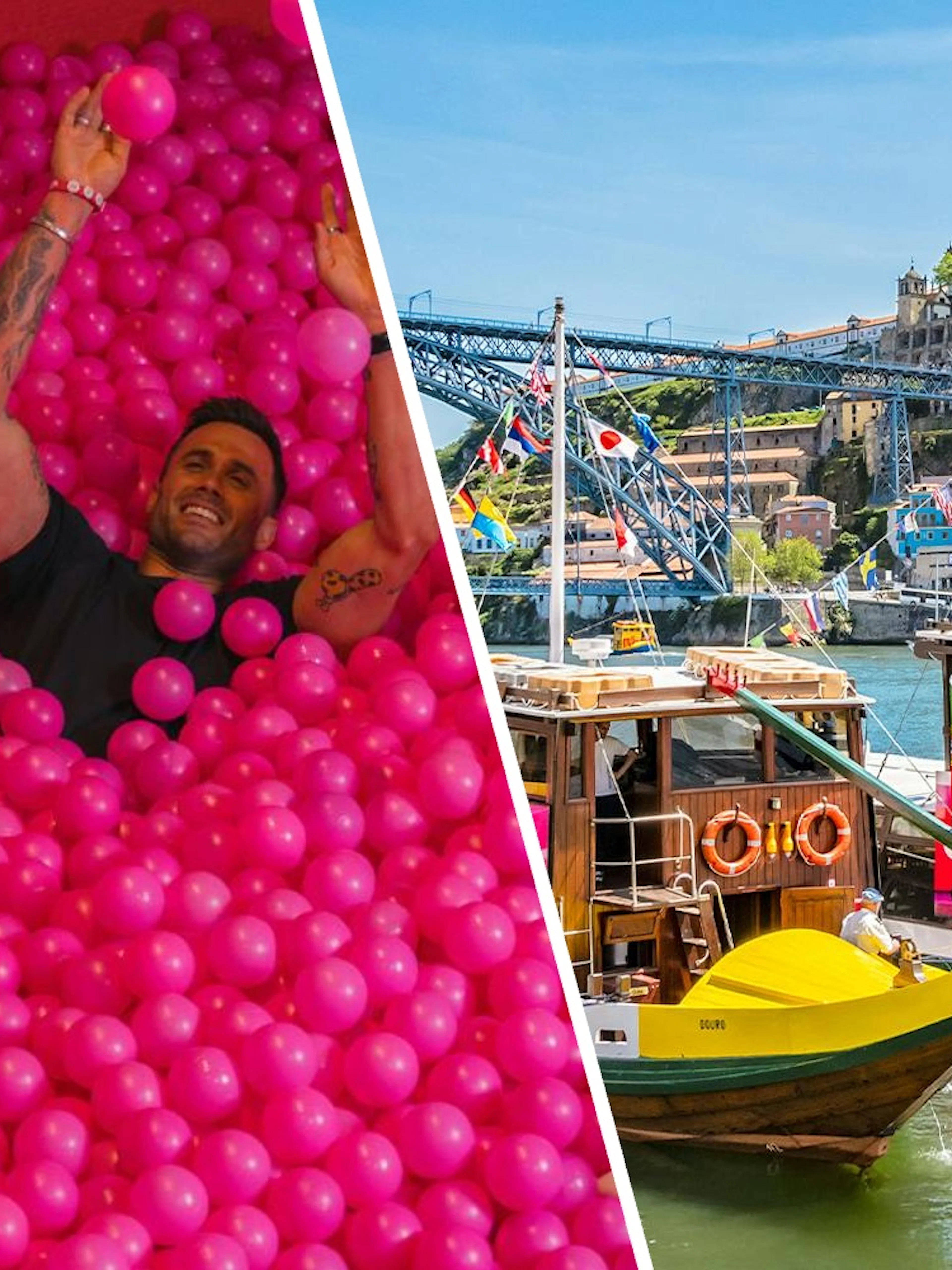 Man enjoying pink ball pit at Pink Palace, WOW cultural district, Porto.