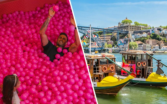 Man enjoying pink ball pit at Pink Palace, WOW cultural district, Porto.