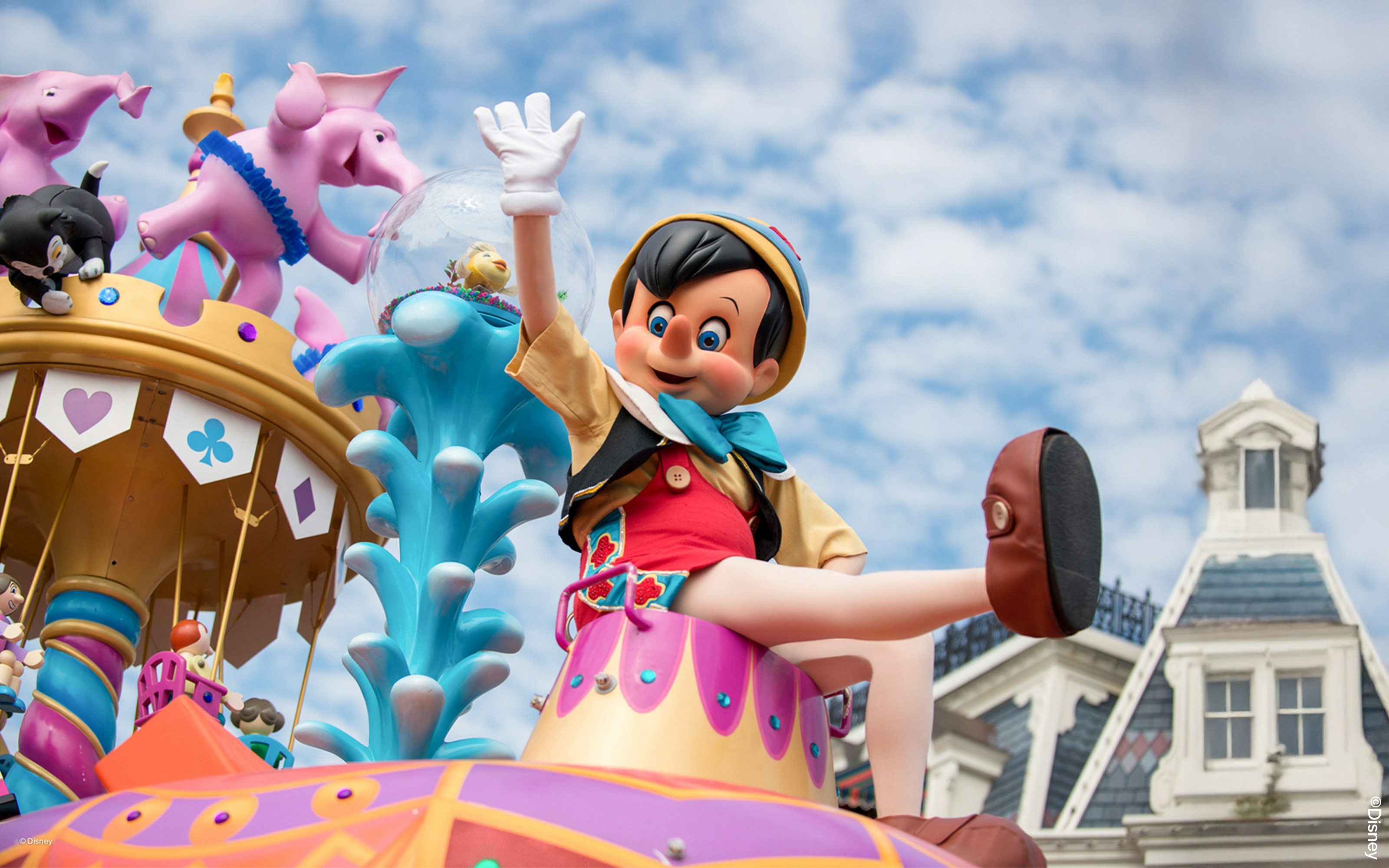 Pinocchio figure on parade float at Animal Kingdom Theme Park, Walt Disney World Resort, Orlando.