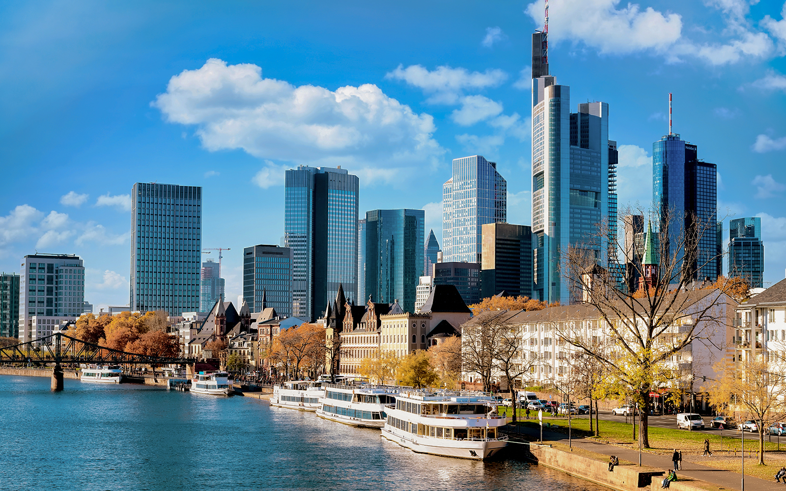 Frankfurt skyline with ship and banks of the Main, Hesse,Germany