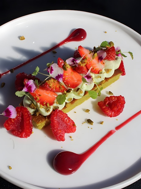Strawberry and raspberry dessert with pistachio cream served on Bustronome Paris.