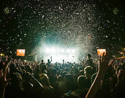 Friends enjoying a live music festival in a vibrant outdoor setting.