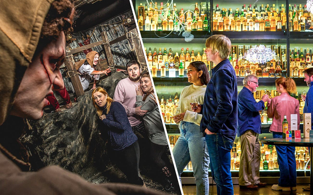 Cannibal clan exhibit at Edinburgh Dungeon with historical artifacts and Scotch Whiskey Experience display.