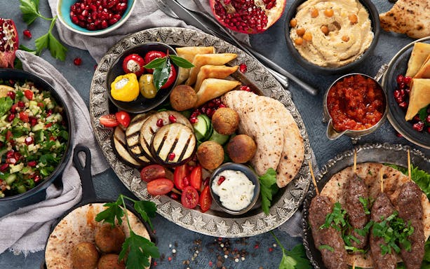 Middle Eastern dishes at Khufu's Restaurant, Pyramid of Giza, featuring grilled eggplant, falafel, and hummus.