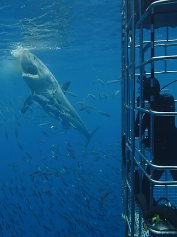 Diver in cage observes bronze whaler shark near bait in ocean.