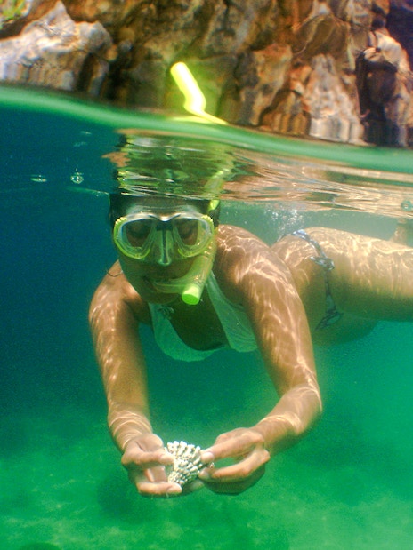 Snorkeler exploring underwater near rocky coastline, holding coral.
