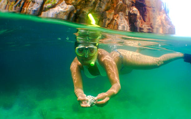 Snorkeler exploring underwater near rocky coastline, holding coral.