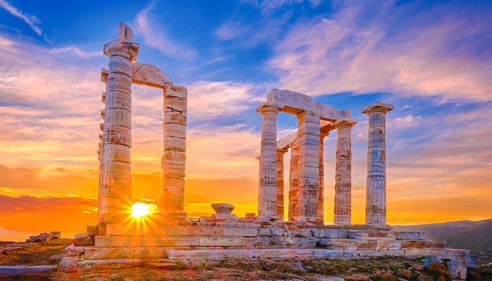 Temple of Poseidon at Cape Sounion, Greece, overlooking the Aegean Sea