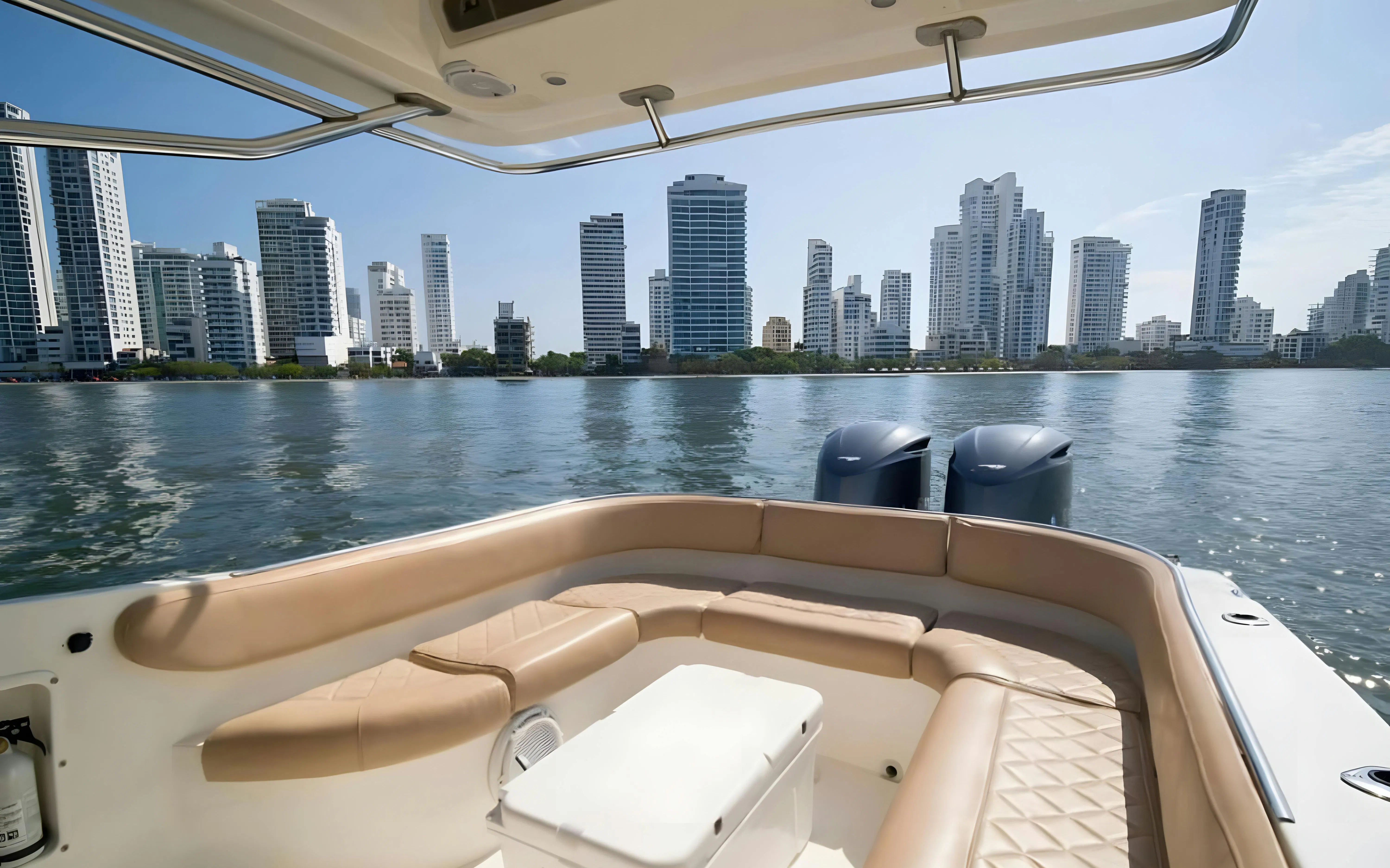Speedboat interior with view of Cartagena skyline, Rosario Islands tour, Colombia.
