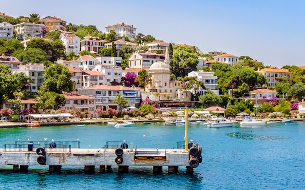 Burgaz Island waterfront with boats and hillside houses, Princes Islands, Istanbul.