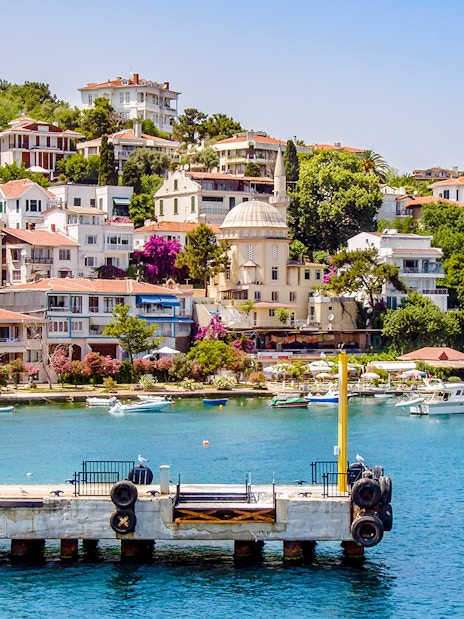 Burgaz Island waterfront with boats and hillside houses, Princes Islands, Istanbul.