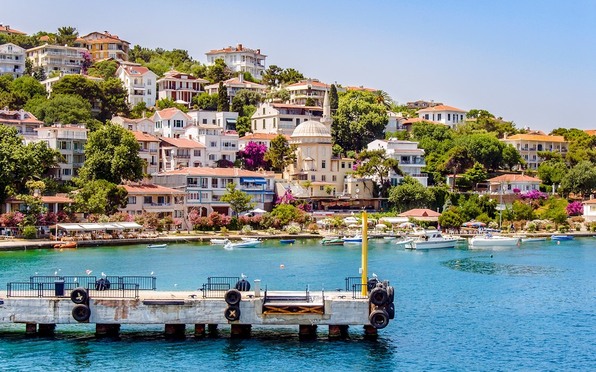 Burgaz Island waterfront with boats and hillside houses, Princes Islands, Istanbul.