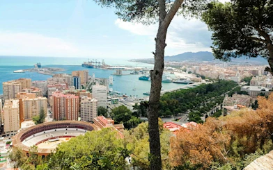 Malaga cityscape with bullring and harbor view, part of the Picasso Heist exploration game.