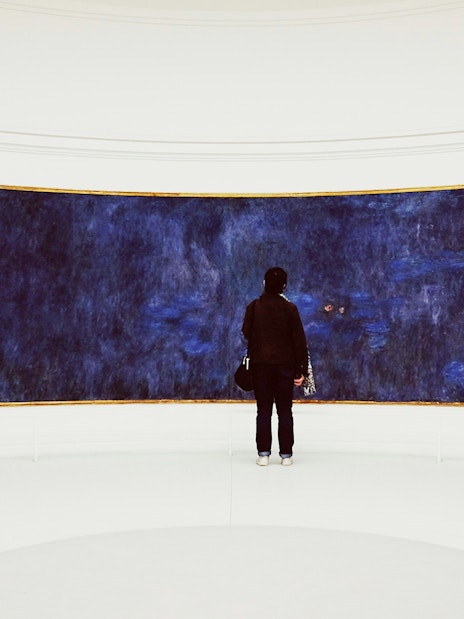 Visitor admiring Monet's Water Lilies at Orangerie Museum, Paris.