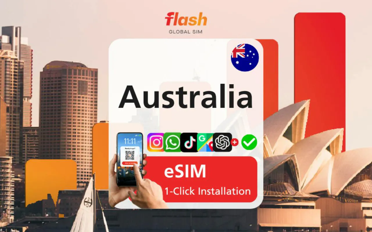 Australia eSIM with 1-click installation, featuring Sydney Opera House and city skyline.