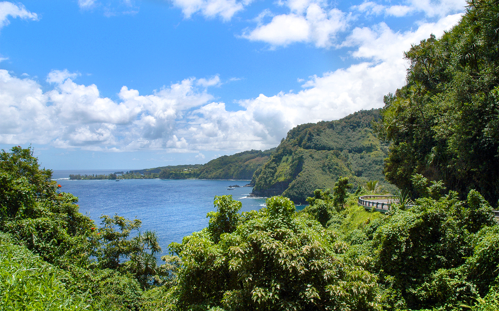 Scenic view of lush greenery and ocean along the Road to Hana Highway, Hana Maui, Hawaii.