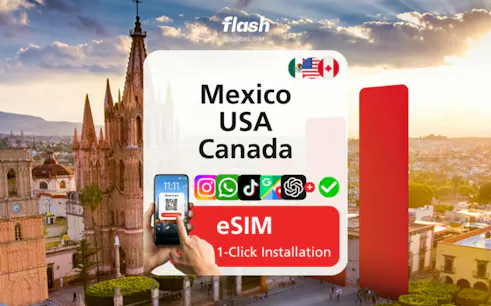 eSIM installation for Mexico, USA, Canada with Mexico City skyline in background.
