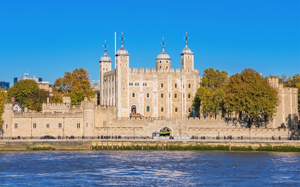 Tower of London exterior viewed from Thames Cruise, London.