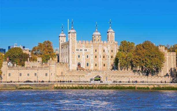 Tower of London exterior viewed from Thames Cruise, London.