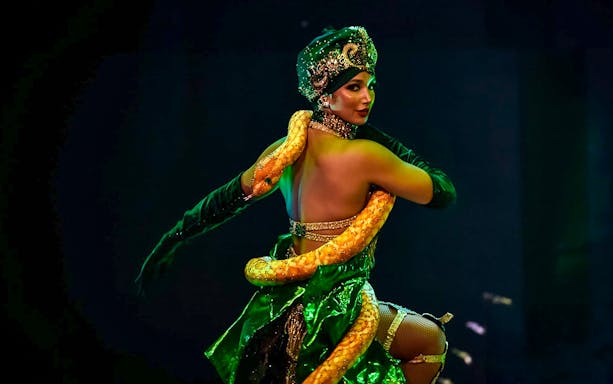 Performer with snake at The Forbidden Show, The Pink Flamingo, Gold Coast.