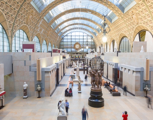 Orsay Museum interior showcasing grand hall with iconic clock and art displays, Paris, France.