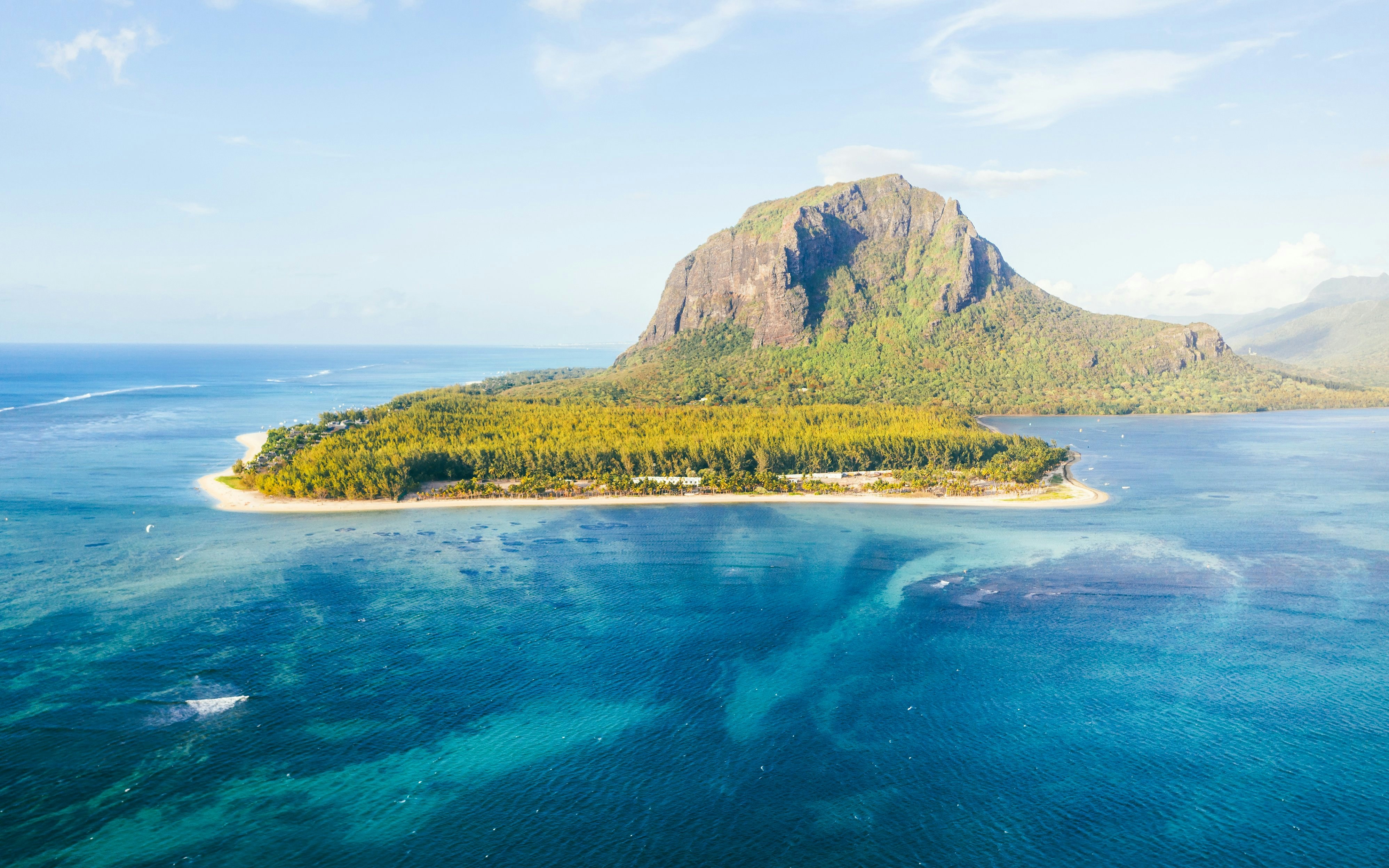 Le Morne Brabant peninsula with turquoise waters and lush greenery, Mauritius.