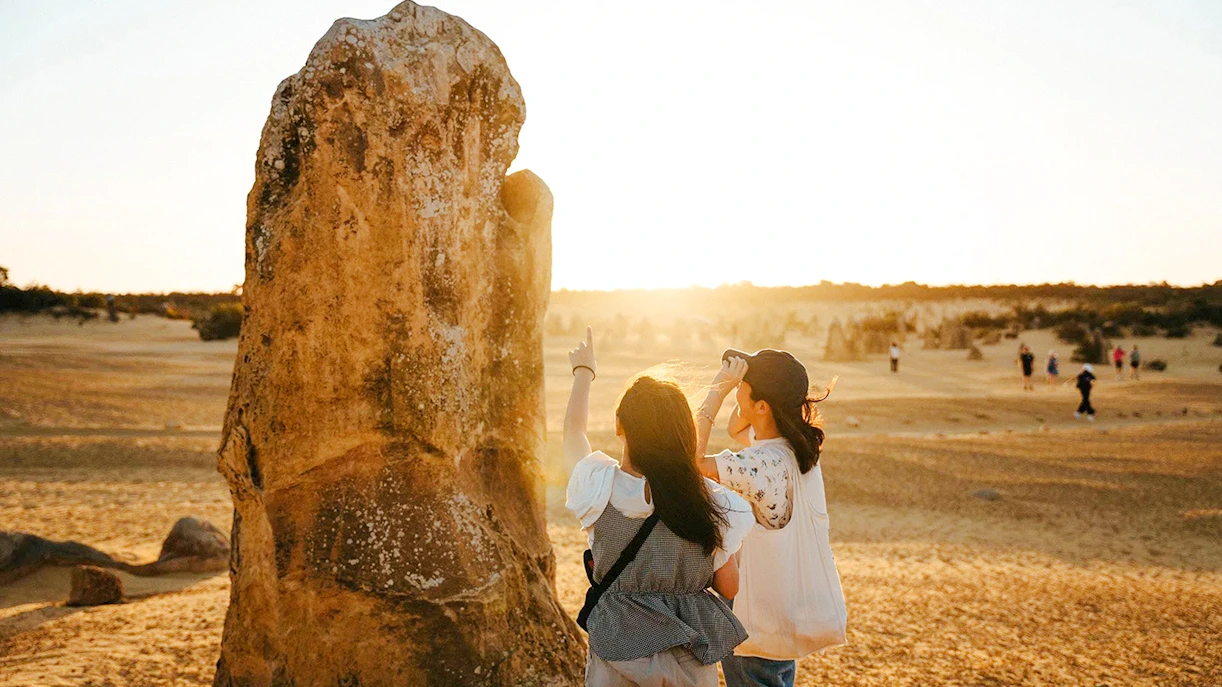 Visitors exploring Pinnacles Desert at sunset during stargazing and wildlife tour.
