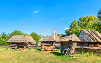 Traditional wooden houses at Village Museum, Bucharest.