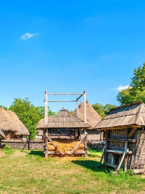 Traditional wooden houses at Village Museum, Bucharest.