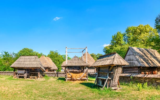Traditional wooden houses at Village Museum, Bucharest.