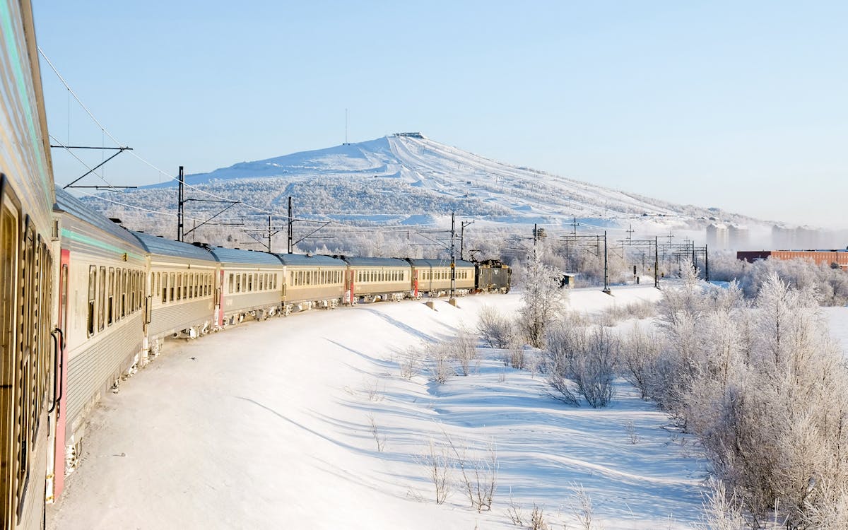 Stockholm to Narvik train passing through Kiruna in winter