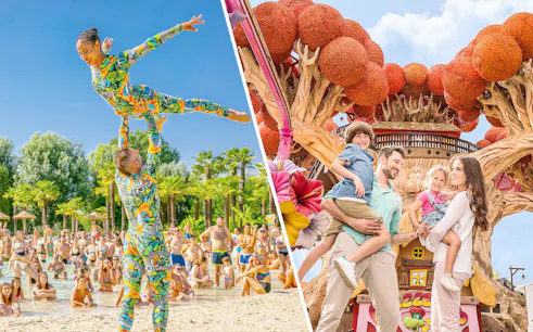 Acrobats performing at Parco Cavour Water Park and family enjoying Gardaland Park attractions.