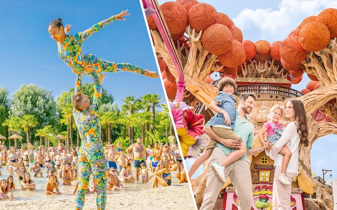Acrobats performing at Parco Cavour Water Park and family enjoying Gardaland Park attractions.