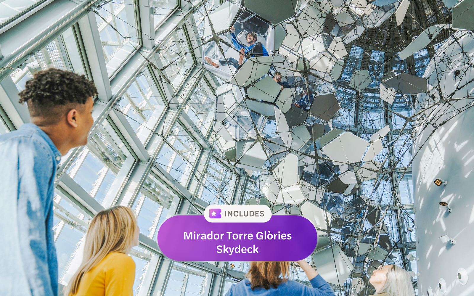 Visitors exploring mirrored structure at Mirador Torre Glòries Skydeck, Barcelona.