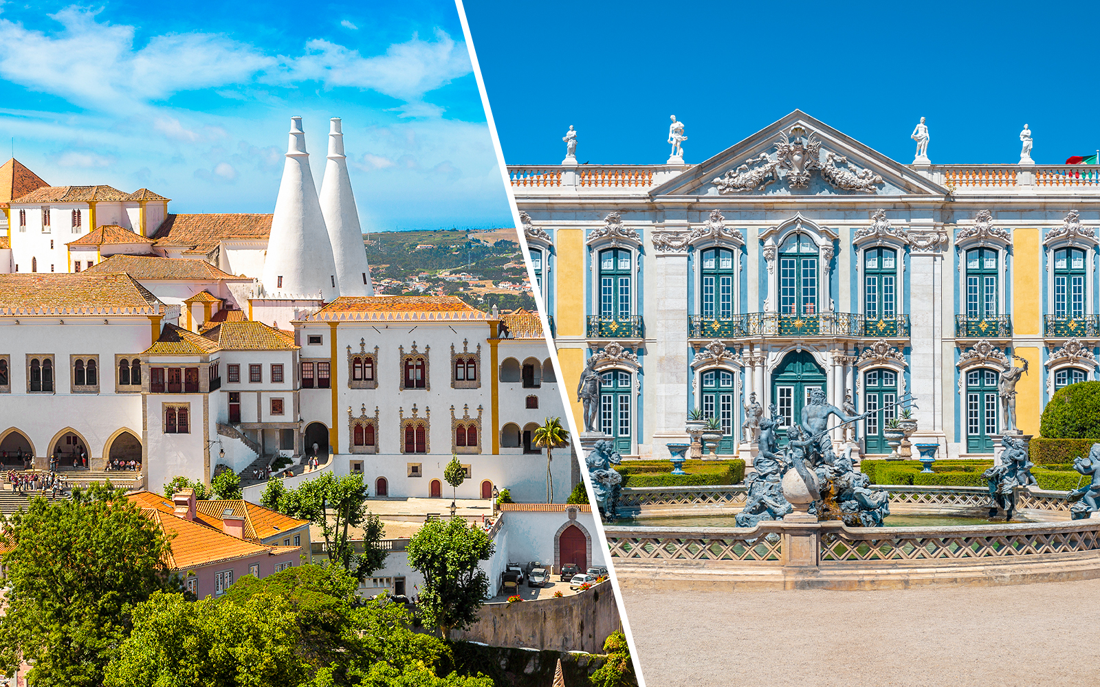 National Palace of Sintra and National Palace of Queluz exterior view in Portugal.
