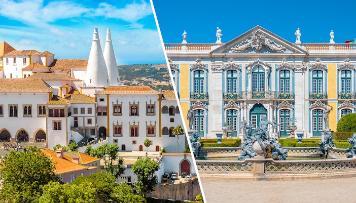 National Palace of Sintra and National Palace of Queluz exterior view in Portugal.