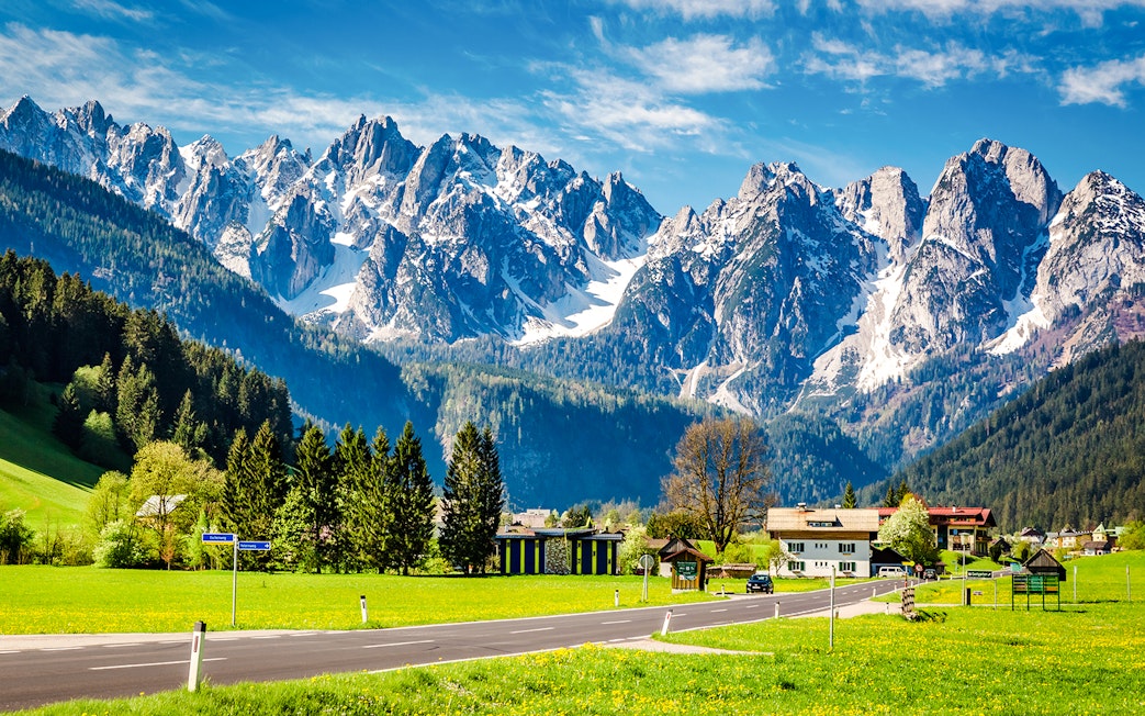 Gosau town with alpine mountains in the background, Austria.