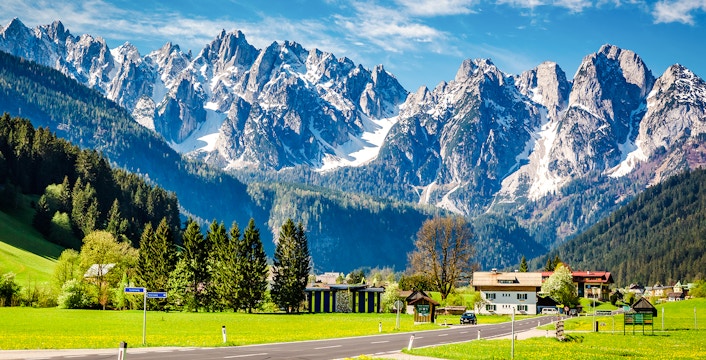 Gosau town with alpine mountains in the background, Austria.