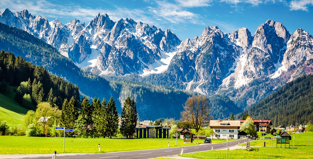 Gosau town with alpine mountains in the background, Austria.