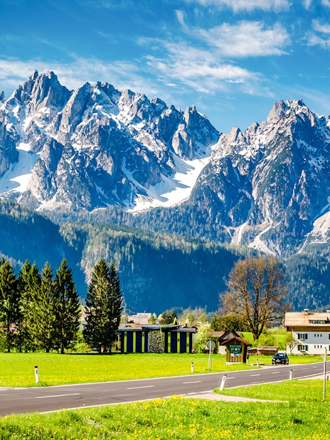 Gosau town with alpine mountains in the background, Austria.